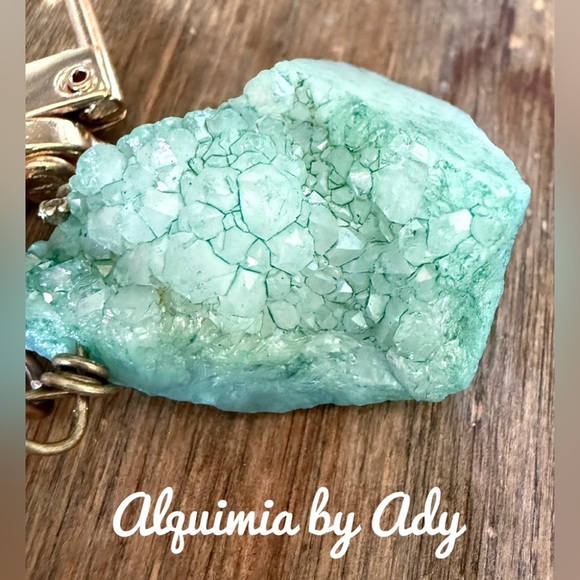 Gold and raw green aventurine drusy Keychain with Stone Accent bag charm - Picture 3 of 3